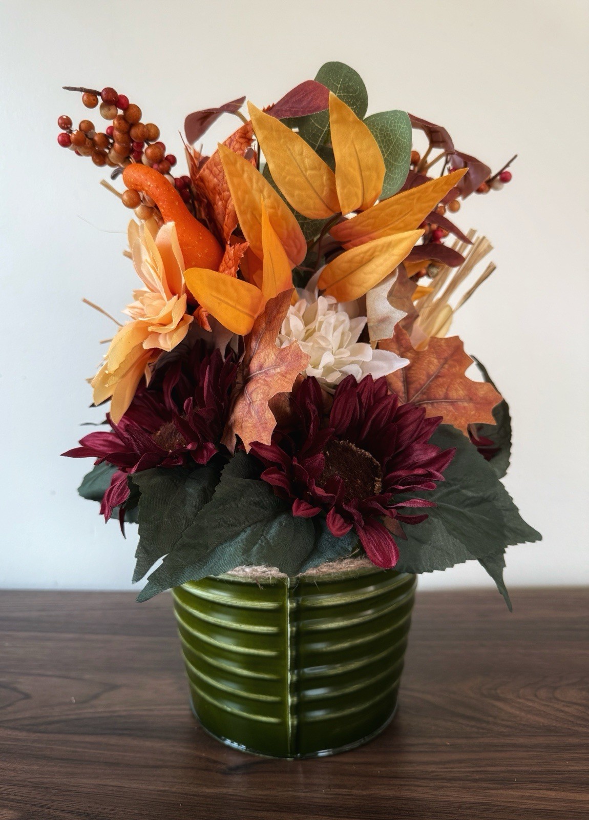 Handmade Fall Colors Centerpiece In A Warm, Festive Tin With Silk Flowers