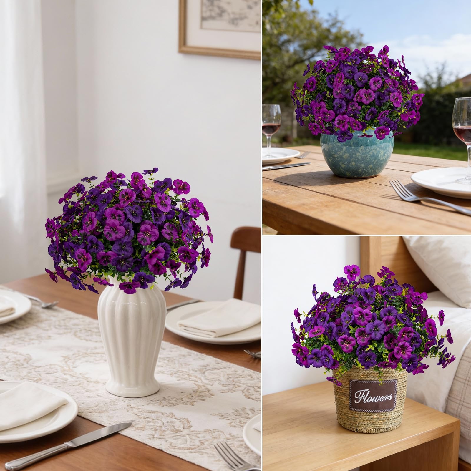 12 Piece Outdoor Artificial Flowers Fake Pansies -Two-Tone Faux Flowers per Stem