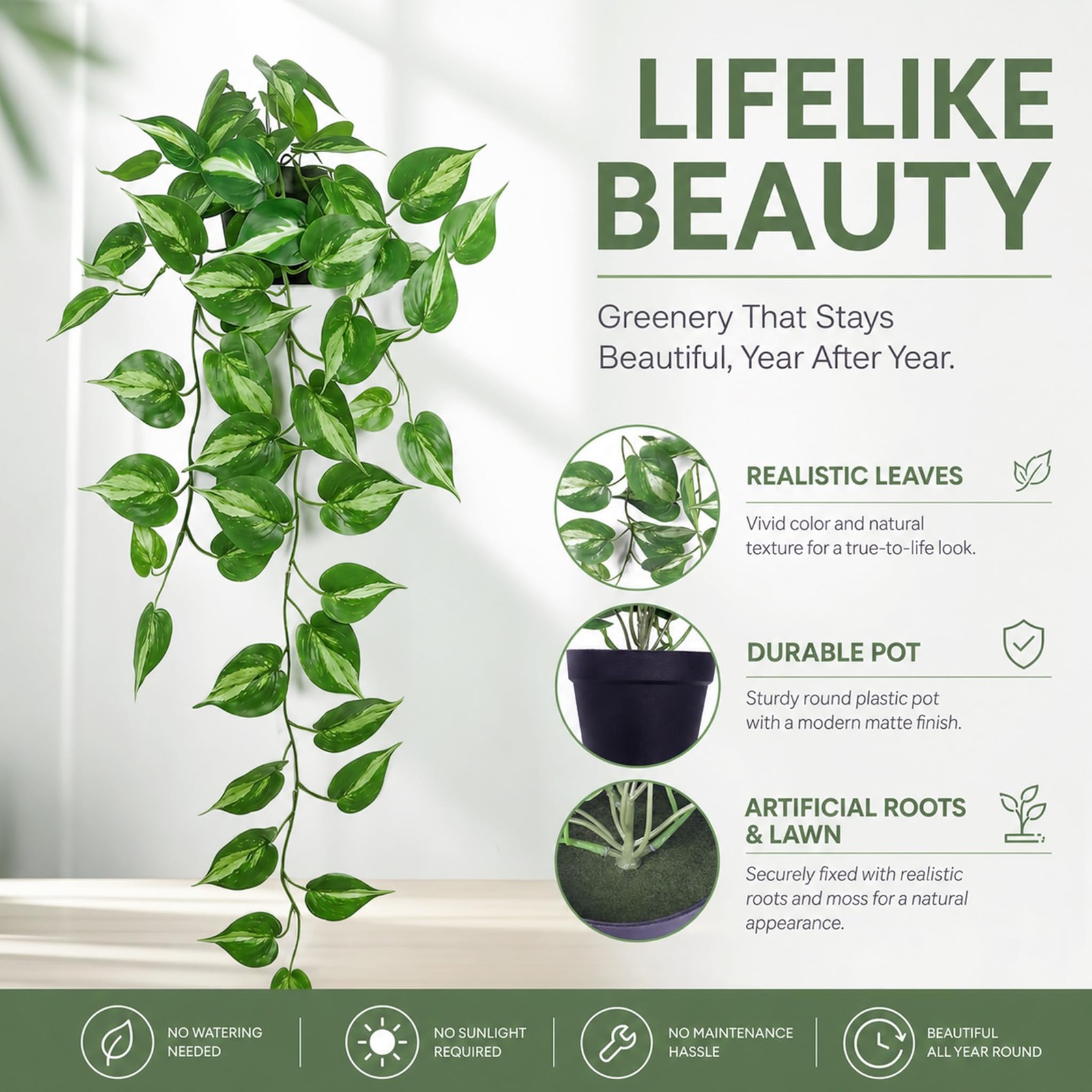 Realistic Indoor Hanging Pothos Ivy Vine Faux Greenery Plant With Pot 1 PCS
