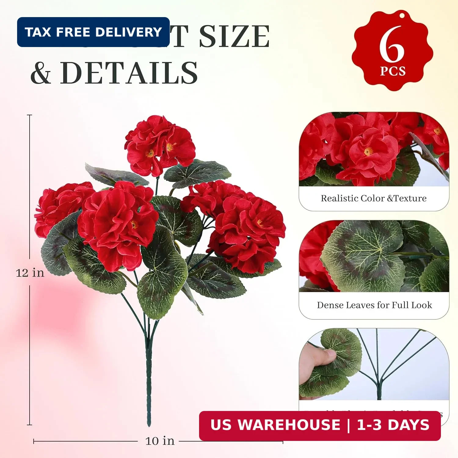 6 Pack Red Artificial Geraniums Outdoor UV Resistant Faux Flowers Window Box Pat