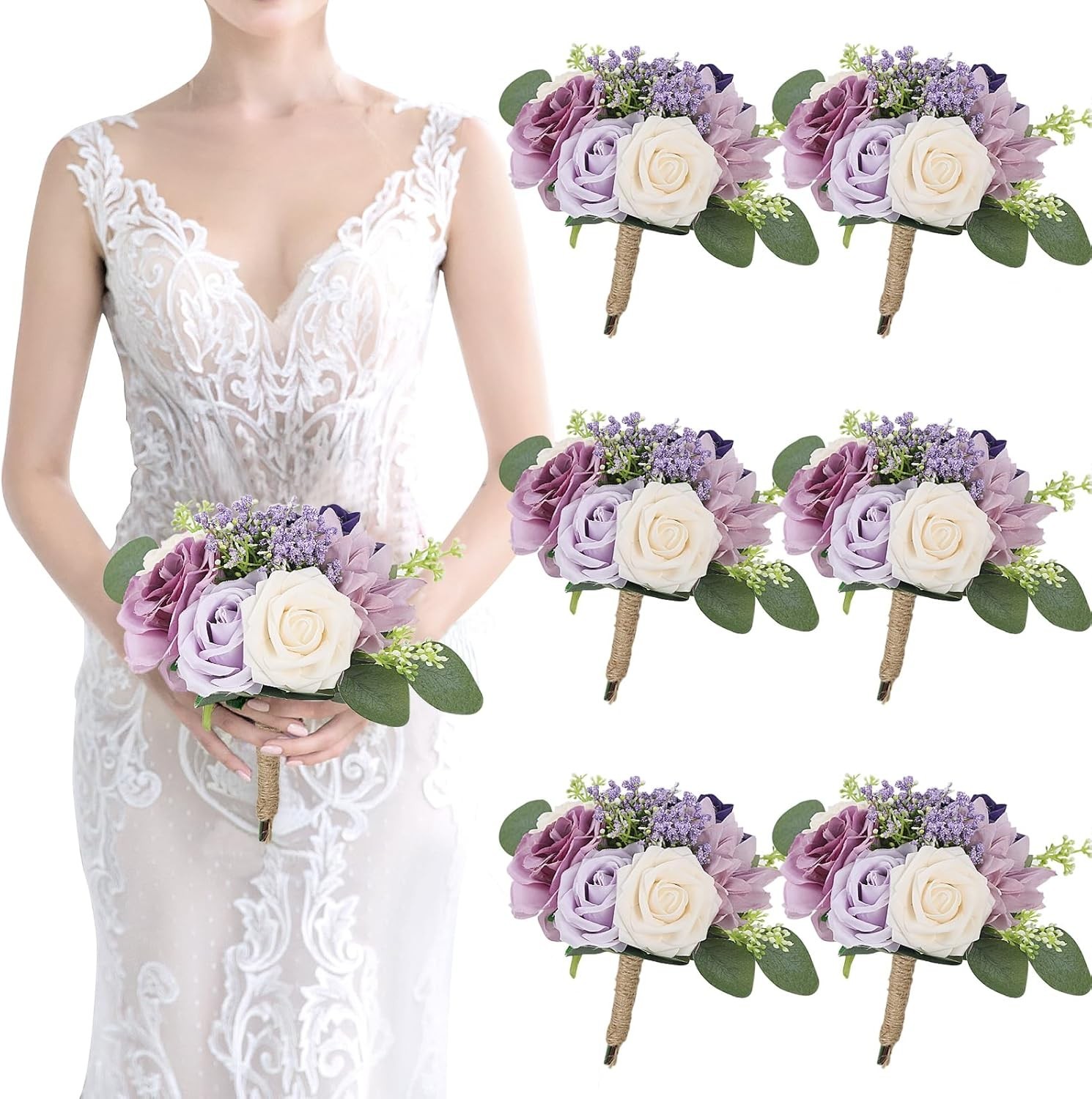 Artificial Bridesmaid Bouquets 6 Pcs – 7 Inch Pre-made Bridesmaids Bouquet Sm…