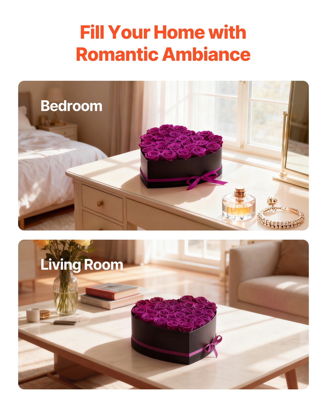 VEVOR Forever Flowers 27 Preserved Roses Heart Box Eternal Bouquet Purple