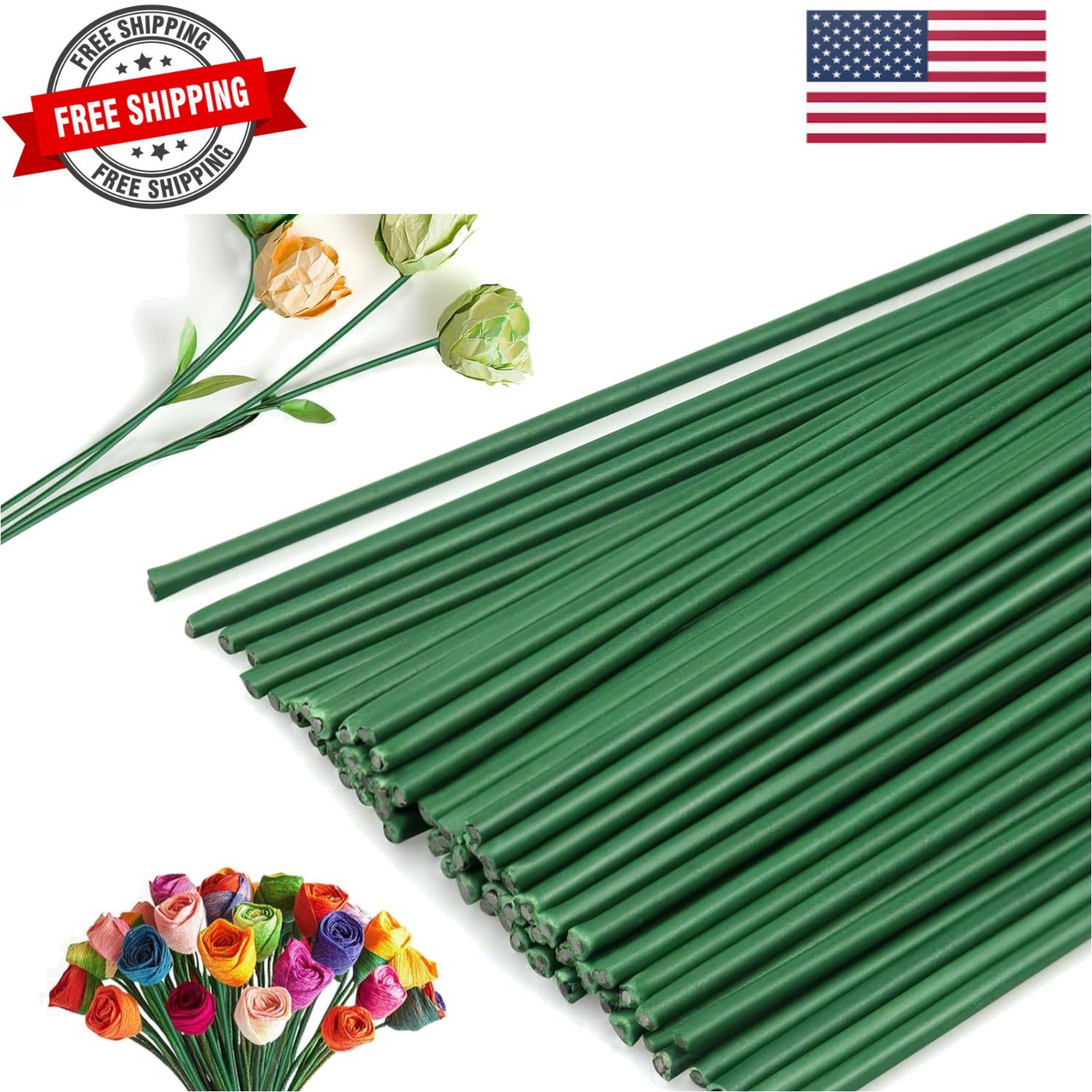Floral Wire Stems, 60 Pack Flower Stems, 2 Gauge Green Floral Stem Wire for P…