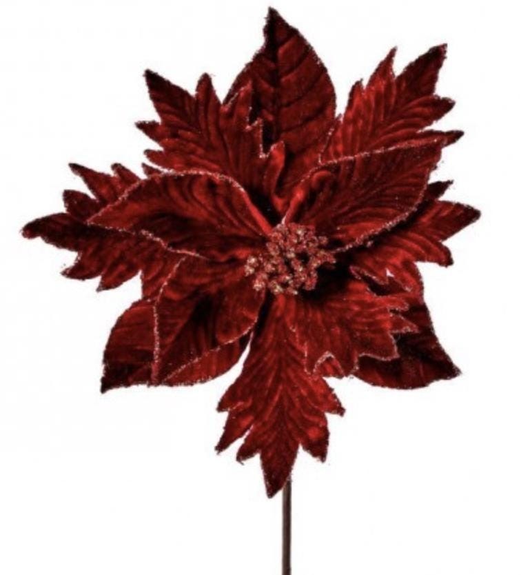 Burgundy Velvet and Glitter Poinsettia Flower Pick Stem Christmas Wreath Accent