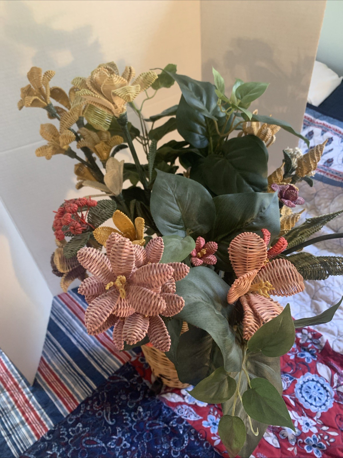 Handcrafted RARE Artificial Flowers Made of Wicker Rattan- Vintage READ