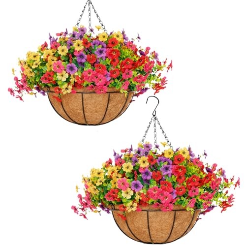 2 Pack 14 Inch Large Hanging Plant Baskets with Artificial 14 inch Multi Color