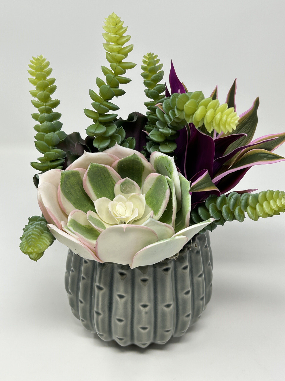 10″ Artificial Purple & White mixed Succulent Garden #11, 5″ Gray Ceramic Plant