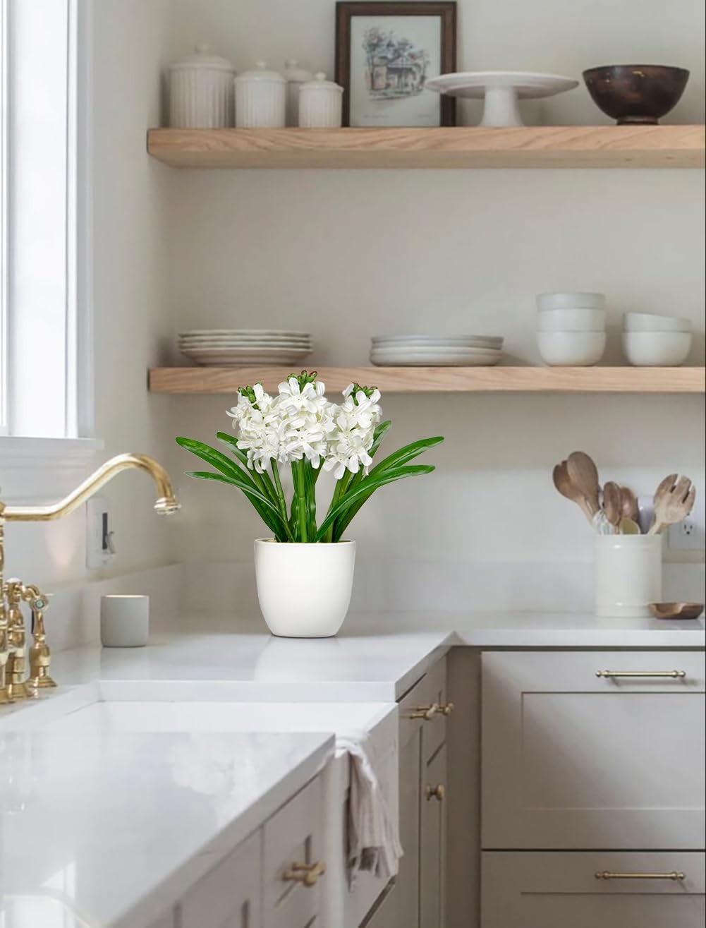 White Artificial Hyacinth Silk Fake Faux Flowers In Vase Pot 8.7 Inch