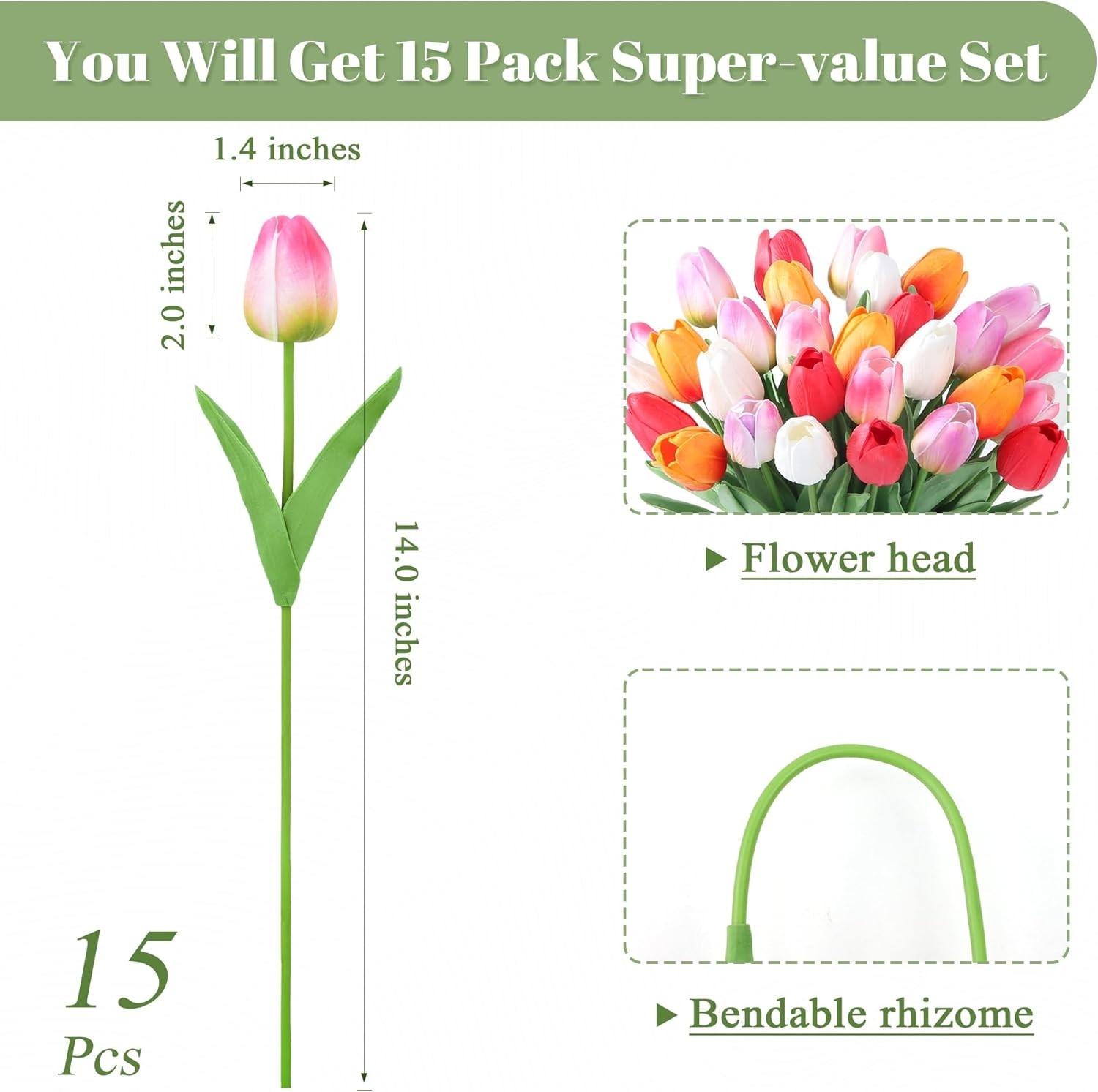 Fake Tulips Artificial Flowers 15pcs Silk Decor for Wedding Home Party