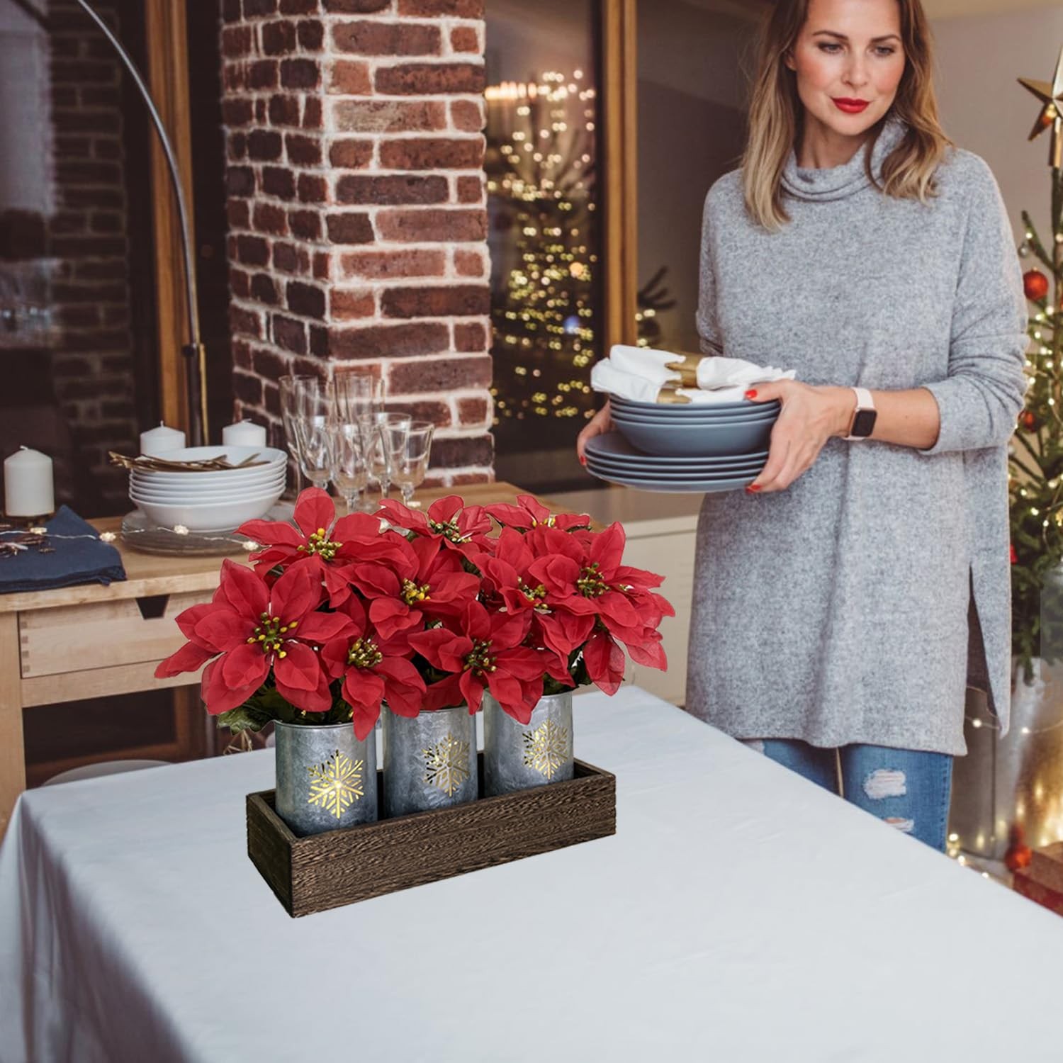 Poinsettias Artificial Christmas Flowers with LED Lights, Red Xmas Table Cent…
