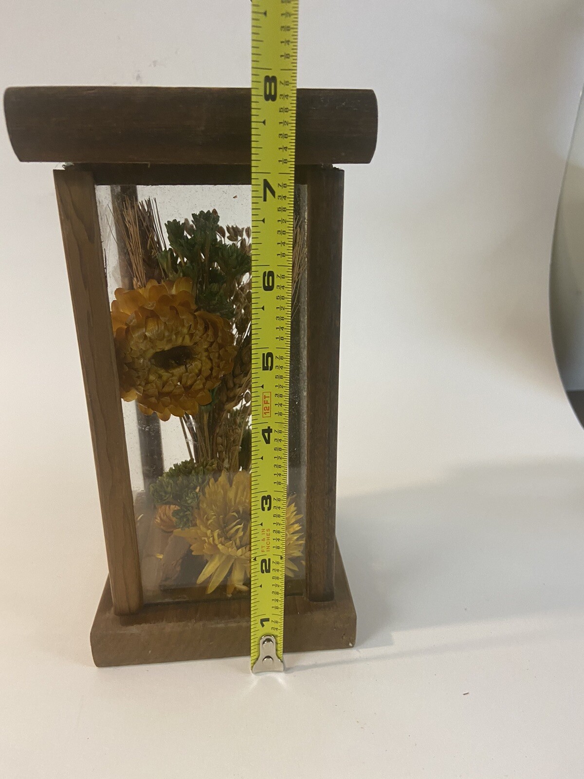 Vintage Dried Flower Glass Box on Wood Base And Top Cottagecore Rustic Country
