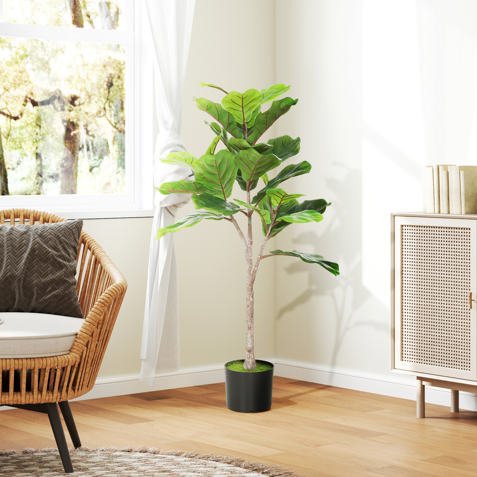 HOMCOM Artificial Fiddle Leaf Fig Tree, Fake Plant with Flocked Soil, Green