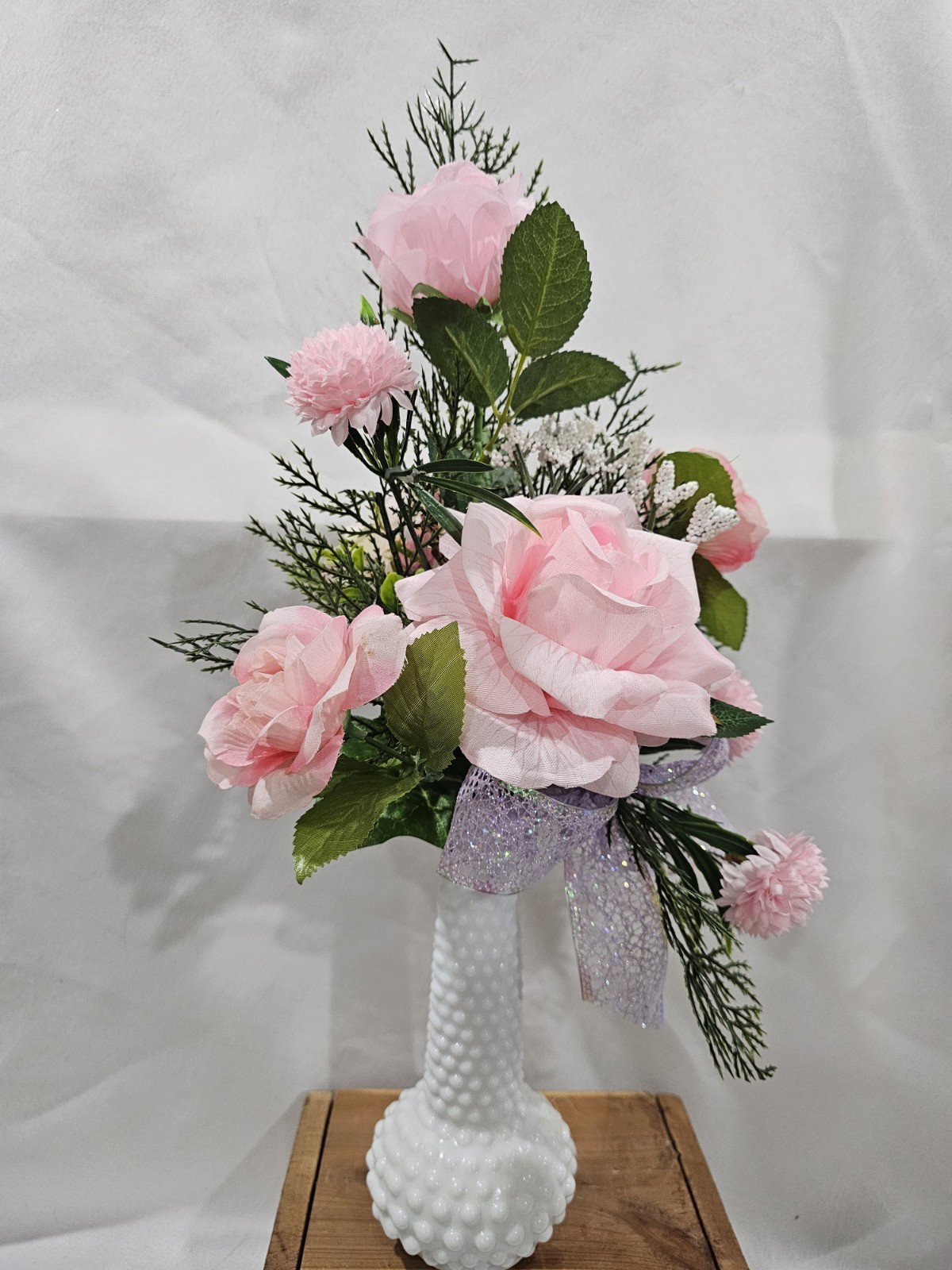 Artificial Pink Rose Flowers in beautiful Milkglass Hobnail Vase w/airy greenery