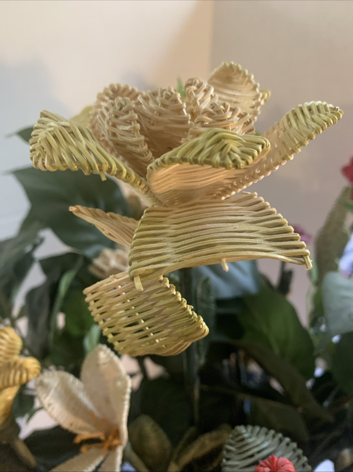 Handcrafted RARE Artificial Flowers Made of Wicker Rattan- Vintage READ