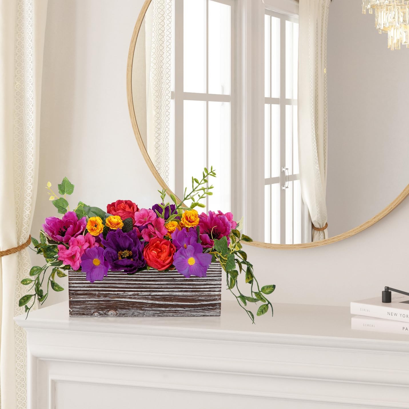 DILATATA Flower Arrangement with Wooden Vase 10″ Artificial Flowers in Pot – …