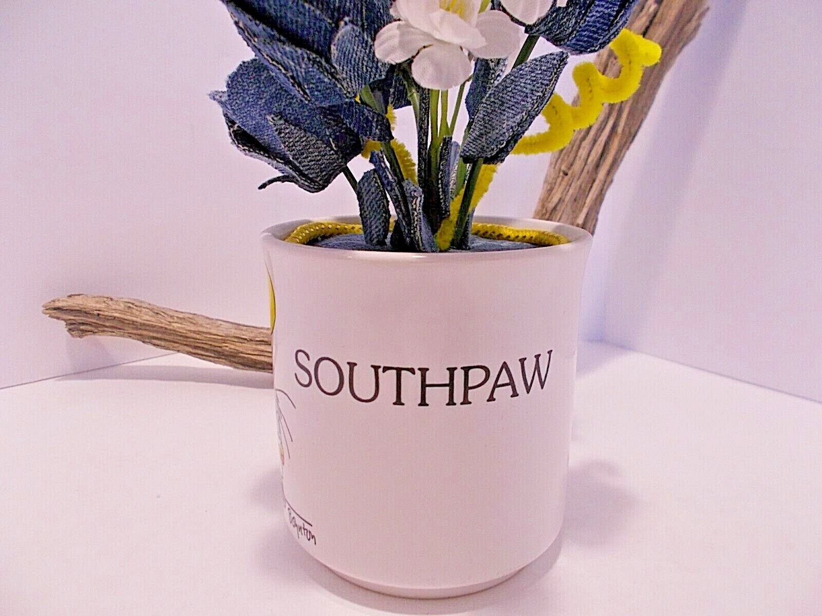 Southpaw Comics Coffee Mug w Handmade Denim Roses and Denim Seams Jar Vase