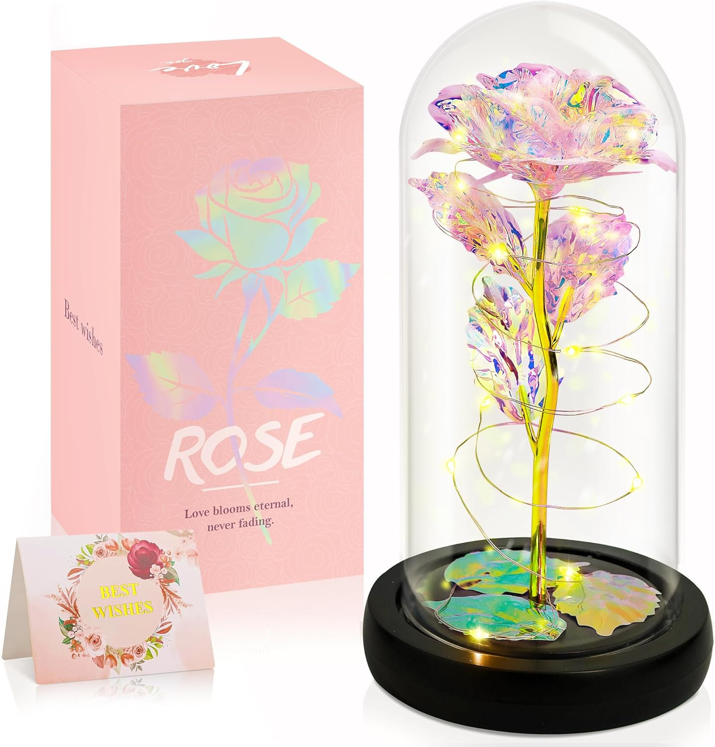 Eternal Rose Flowers with LED Light in Glass Display Case
