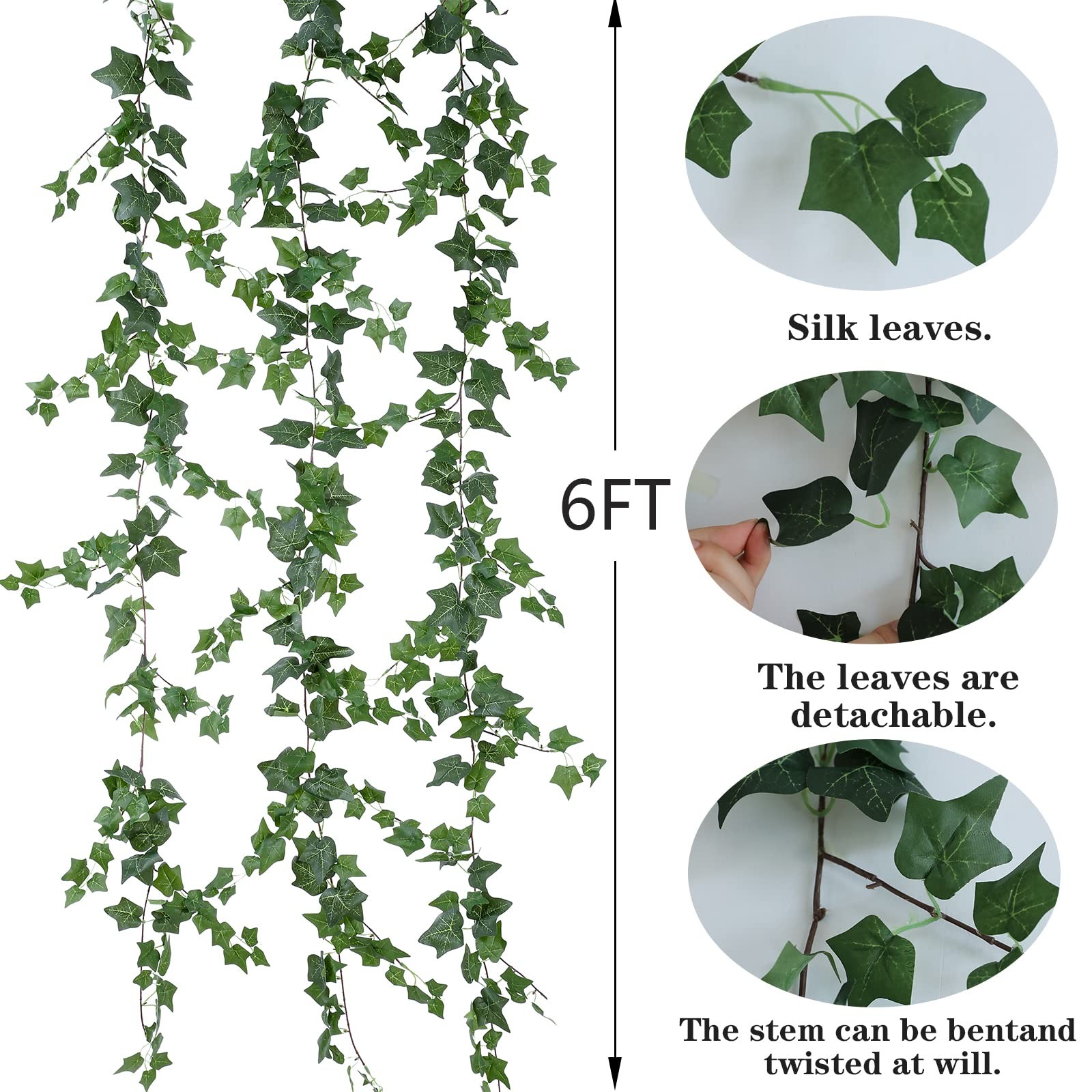 3Pcs Artificial Greenery Ivy Vines Kit, 6FT Odorless Silk Ivy Garland, Green …