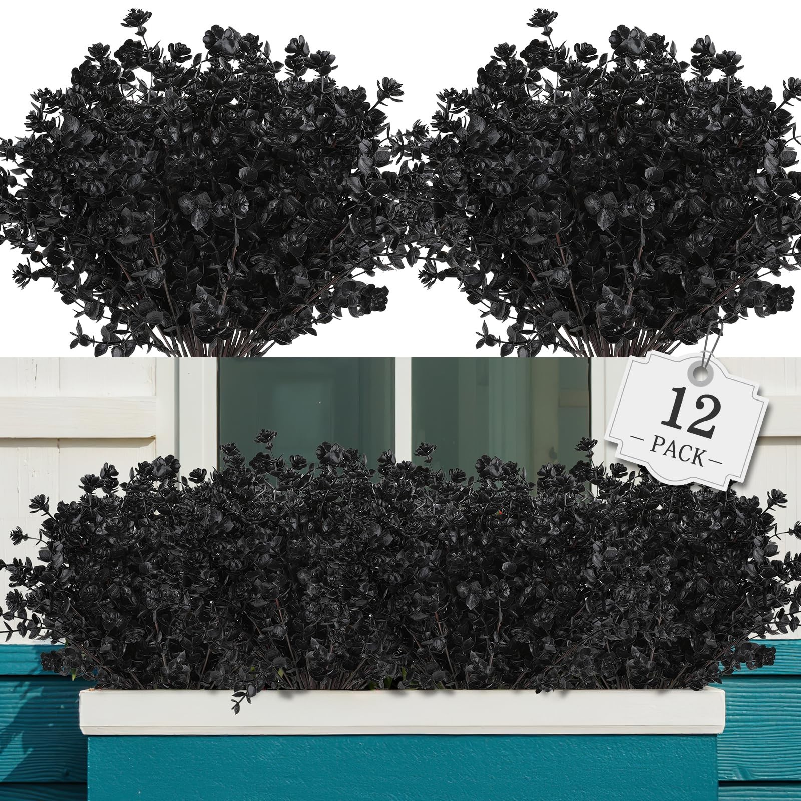 12 Bundles Black Artificial Flowers – No Fade Faux Plants for Halloween Decor, I