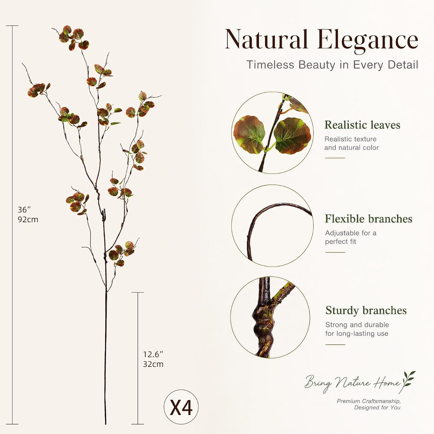 Artificial Eucalyptus Stems for Vase 4PC – 36 Inch Fake Plant Branches for Indoo