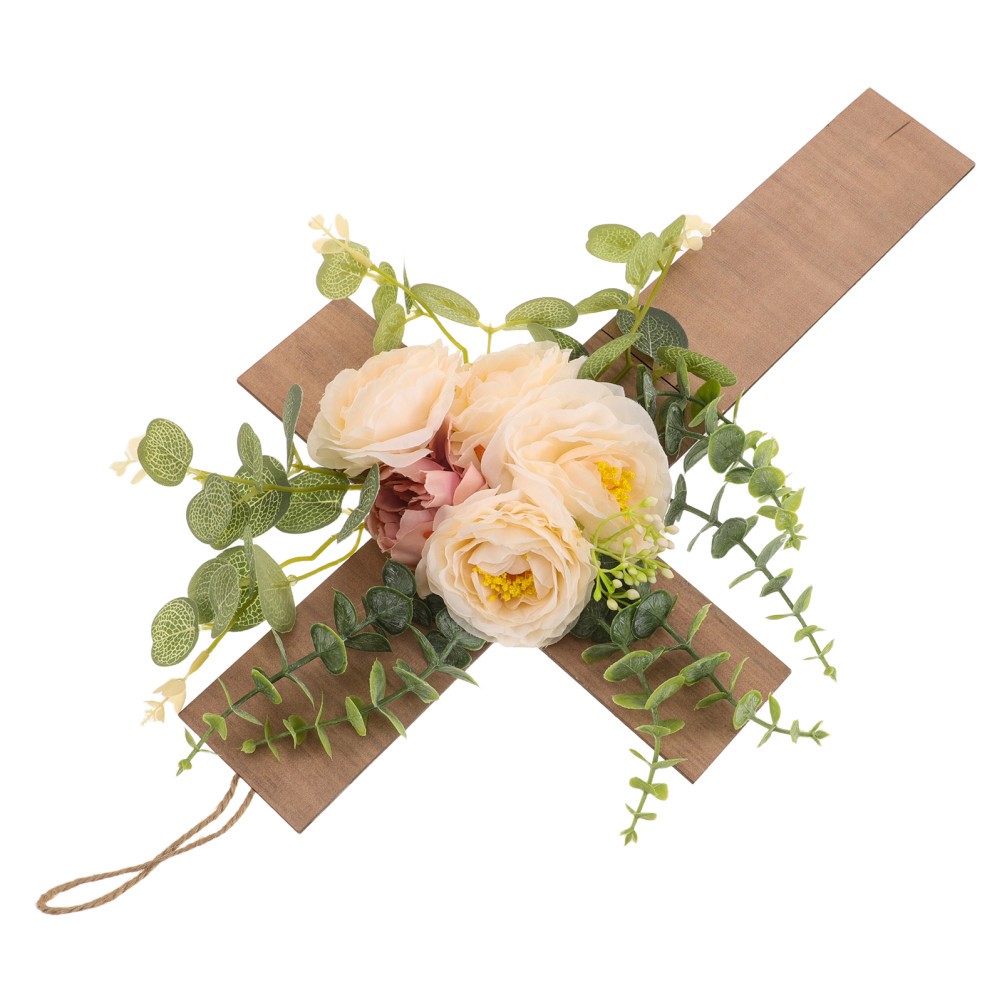 Decorative Wood Cross Wall Hanging with Beige Artificial Flowers Matte Finish