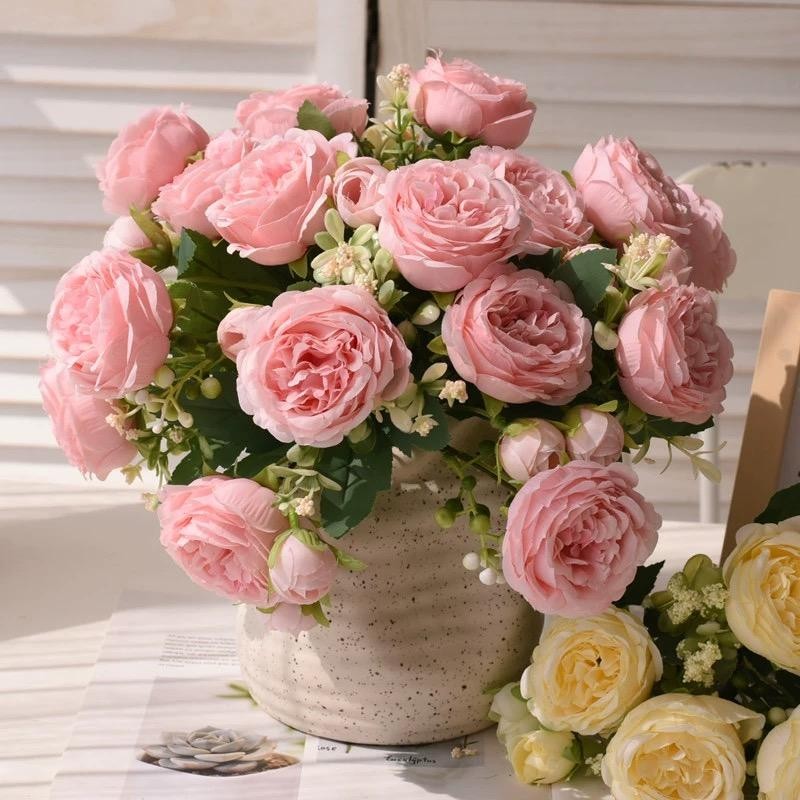 Rose Pink Peony Silk Bouquet 5 Heads 4 Buds Artificial Flower Wedding Home Decor