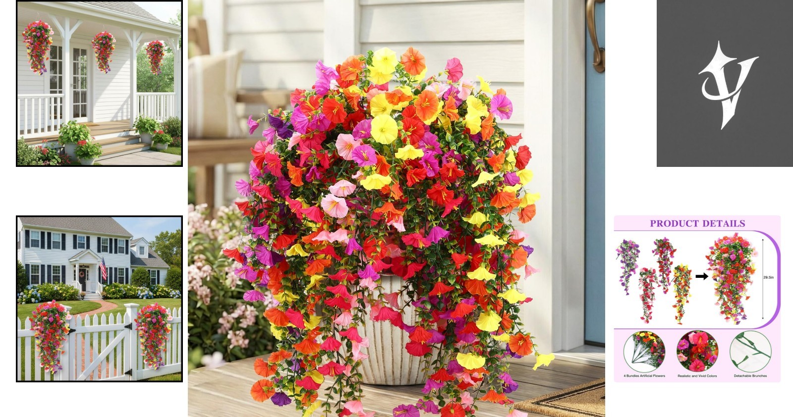 Realistic 4pc Faux Silk Hanging Flowers in Colorful Combinations for Any Setting