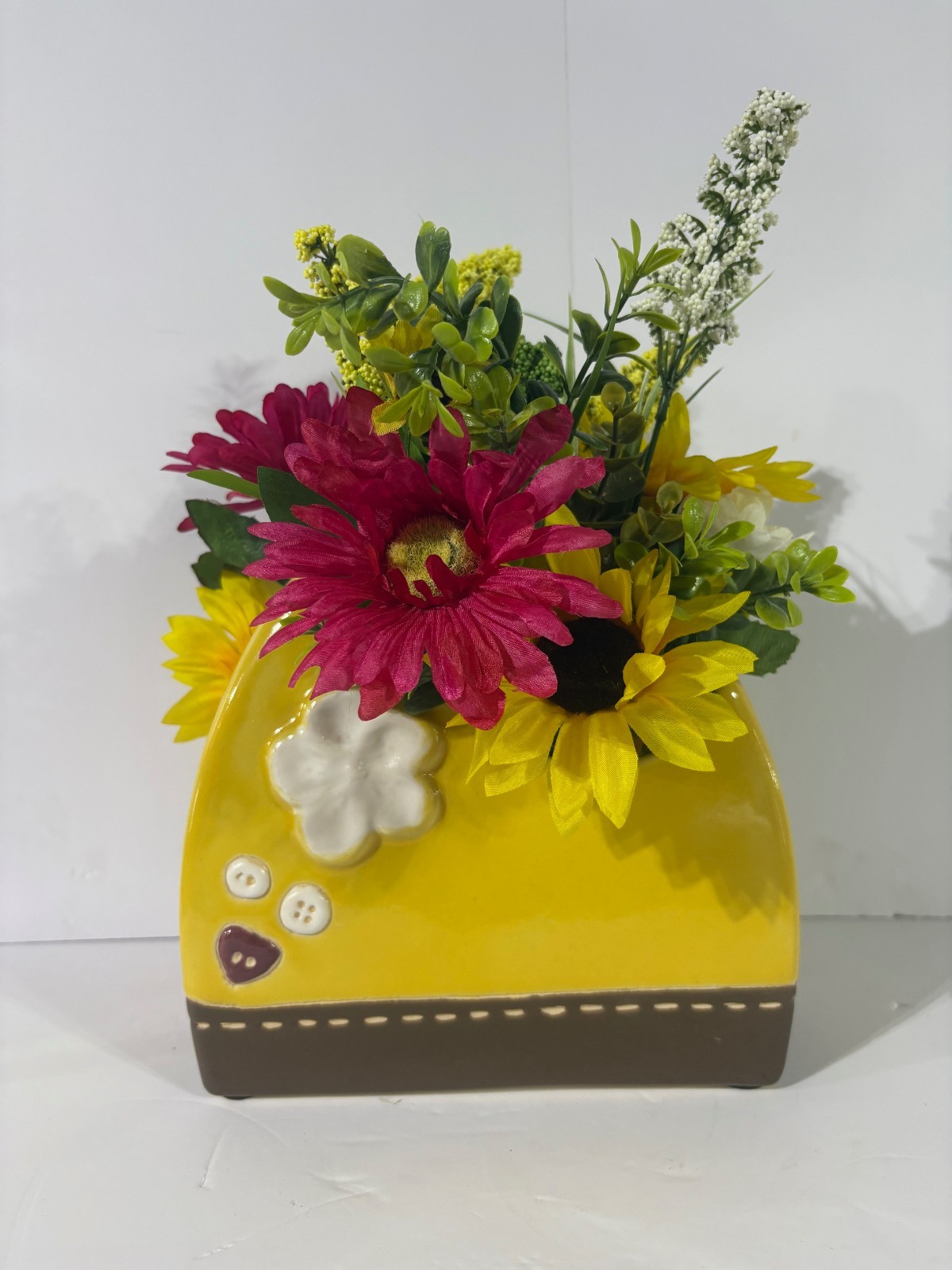 Handmade Floral Arrangement in Whimsical Yellow Ceramic Planter – Sunflower
