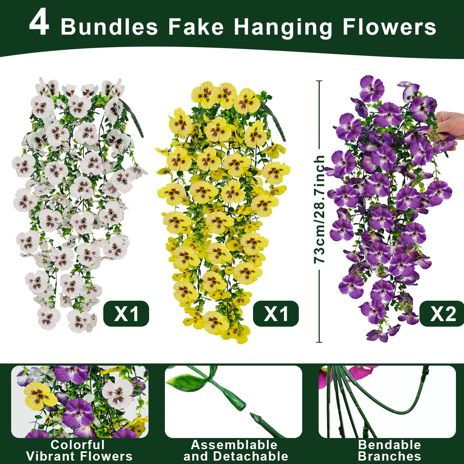 Artificial Fake Hanging Flowers Plants for Outdoor Spring Decoration, 4 Pack …