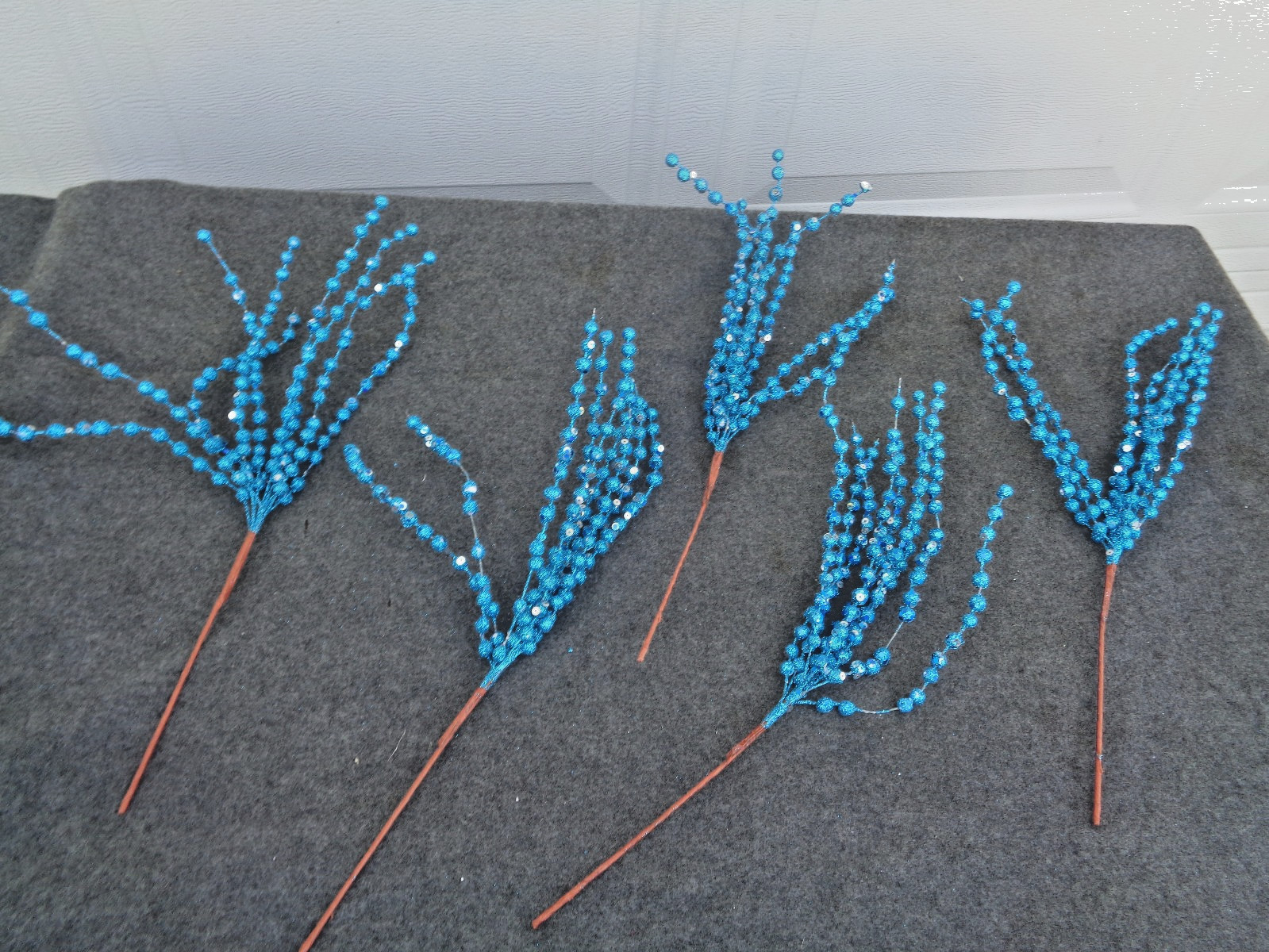 5 – Blue Glittered Bead Stems Floral Picks 14″