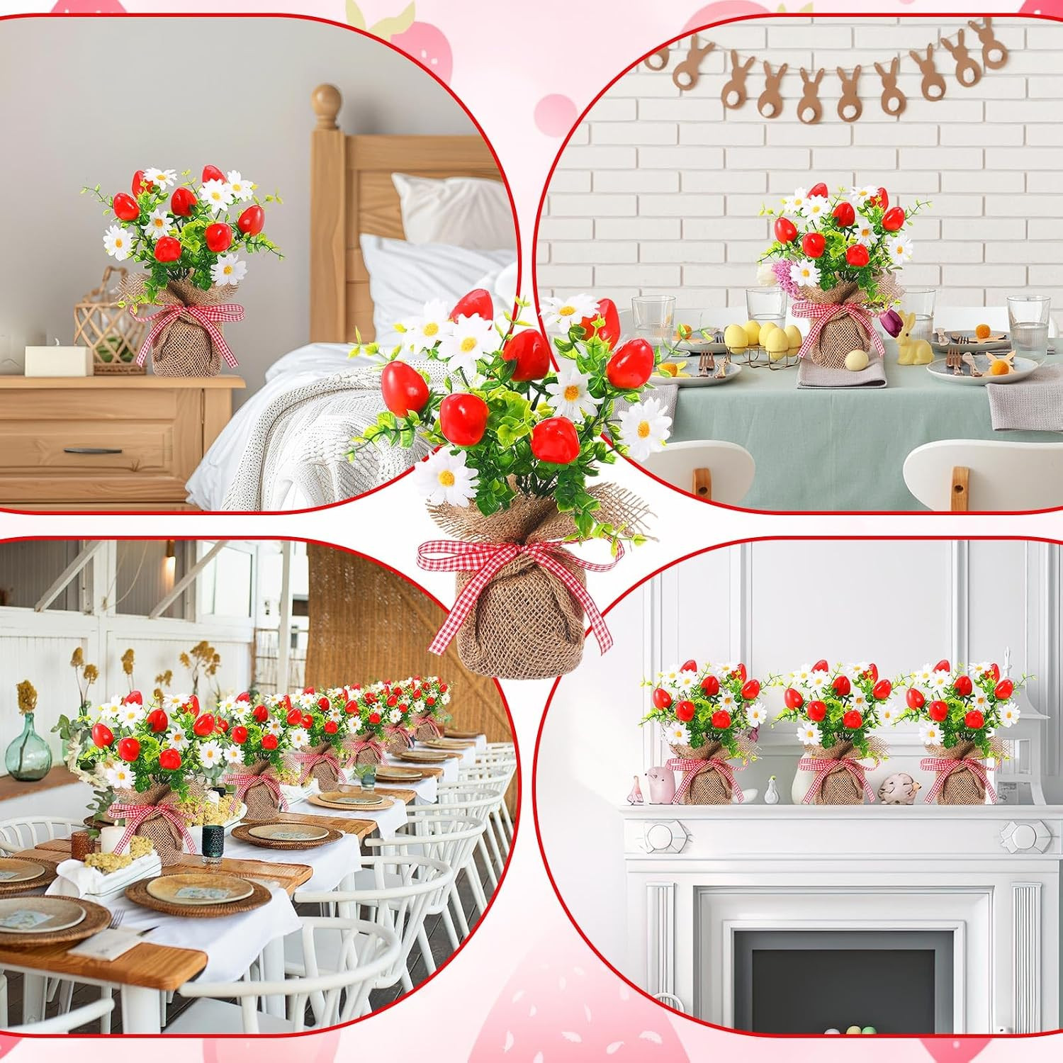 6 Pack Faux Strawberry Centerpieces in Burlap Vase for Parties & Home Decor