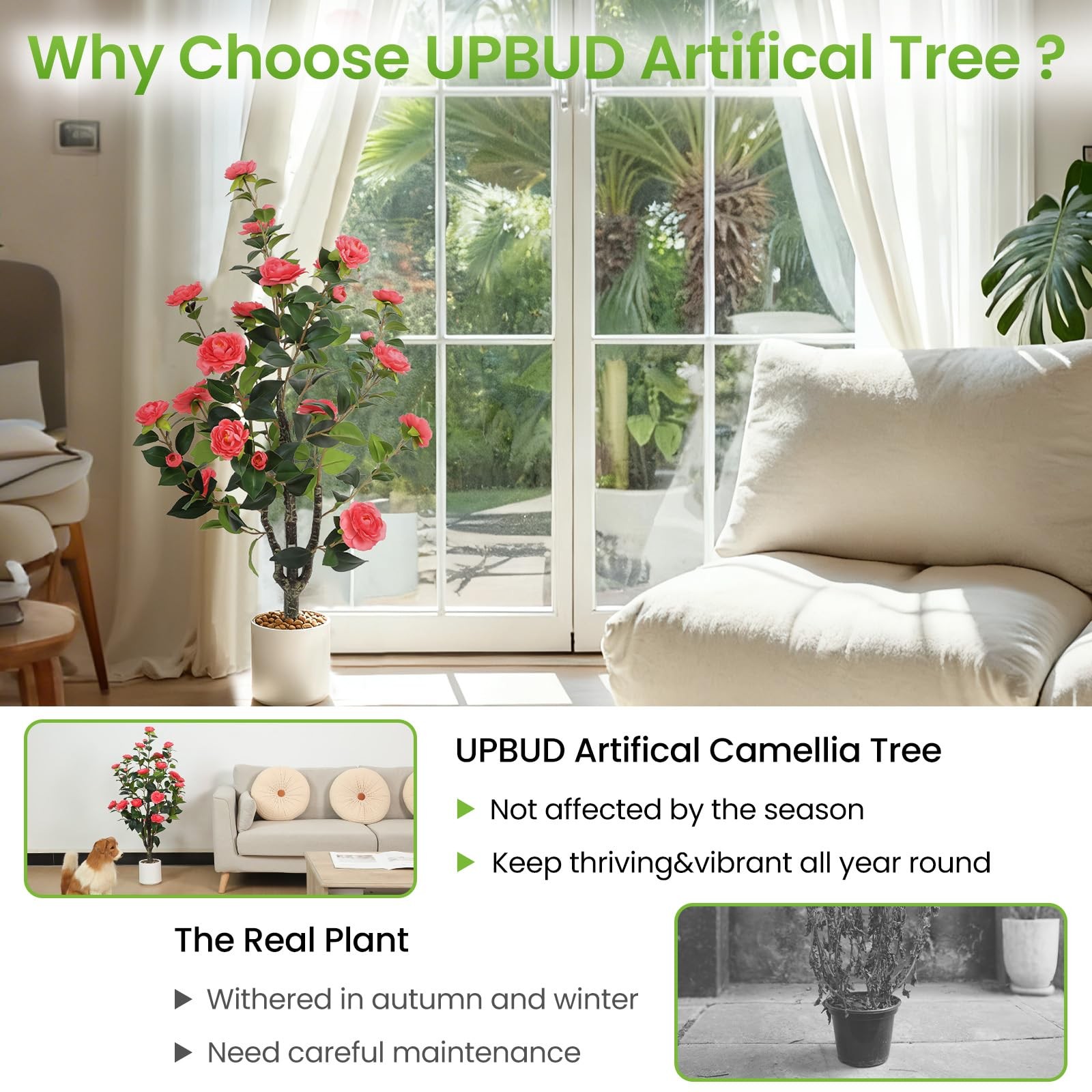 UPBUD Artificial Camellia Tree 2 Pack, 3.3FT Fake Camellia Plant with Bloomin…