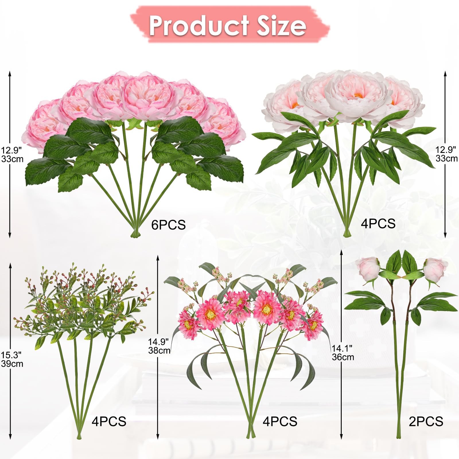 Artificial Peony Flower Stems 2 Pack (20PCS) Hot Pink Faux Peonies & Daisies …