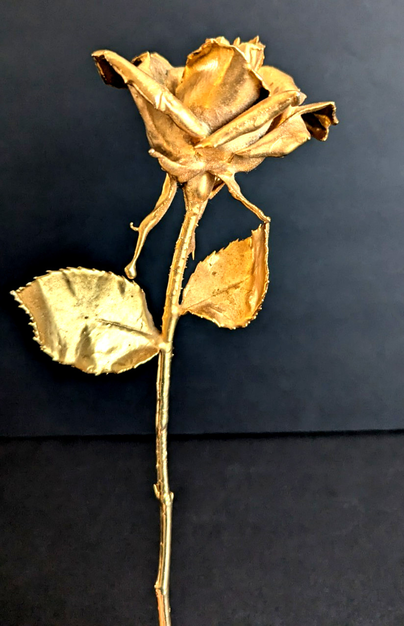 Golden Rose Figurine Real Preserved Rose Metallic Gold Dipped Decoration 11.1/8″