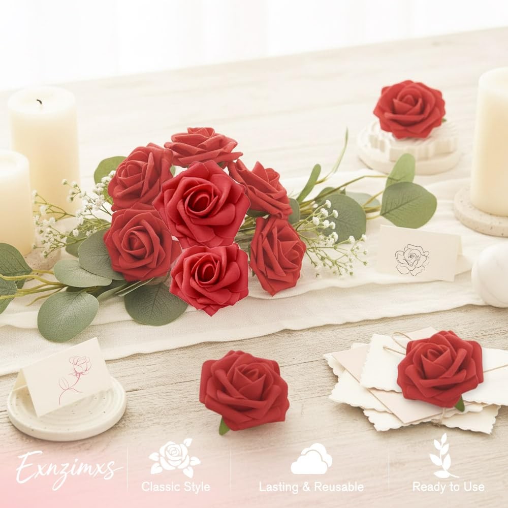 Artificial Flowers, 25 Pcs Red Foam Fake Roses Bulk for Flower Decoration DIY…