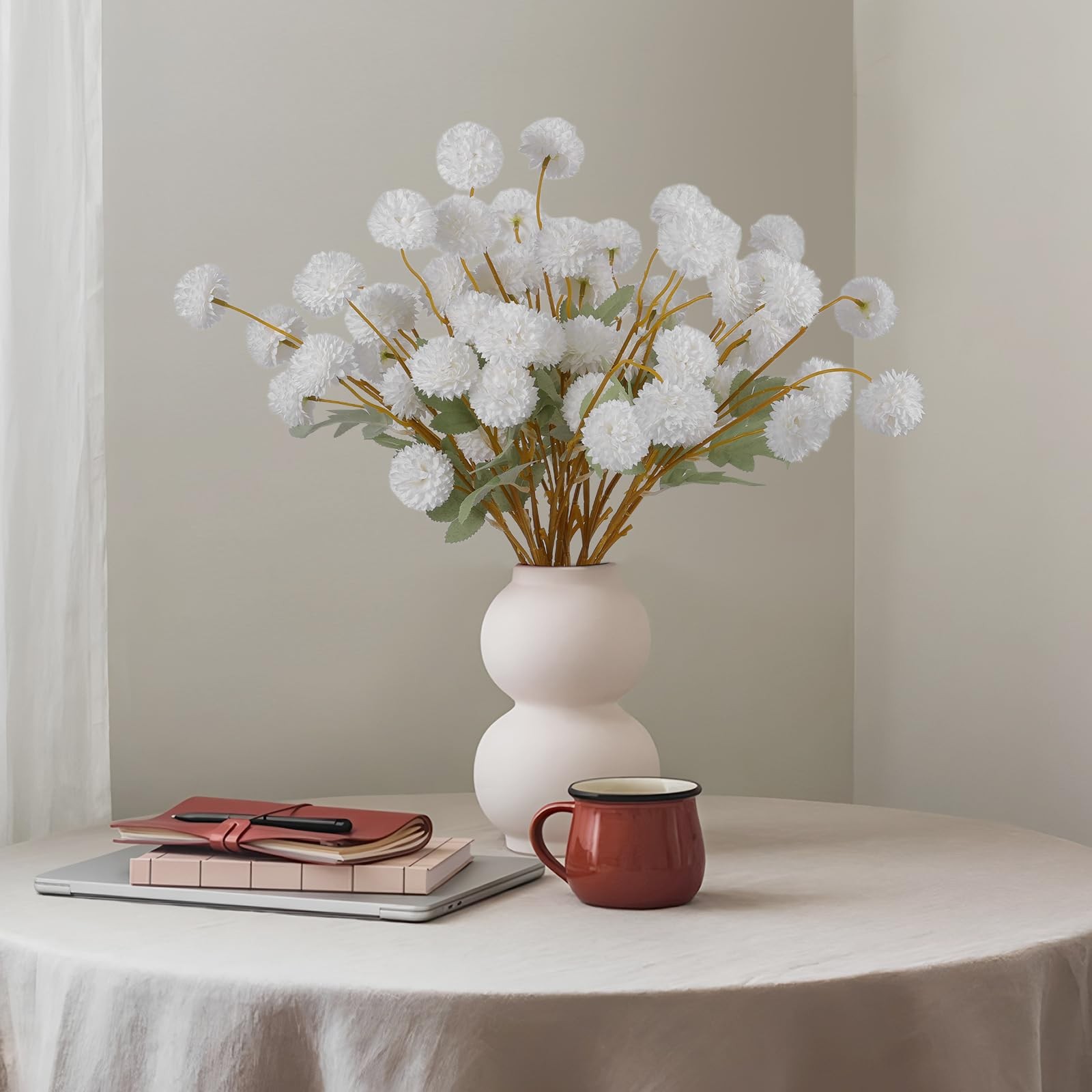 12 PCS Artificial White Chrysanthemum Kiku Pom Mums Faux Floral Centerpiece