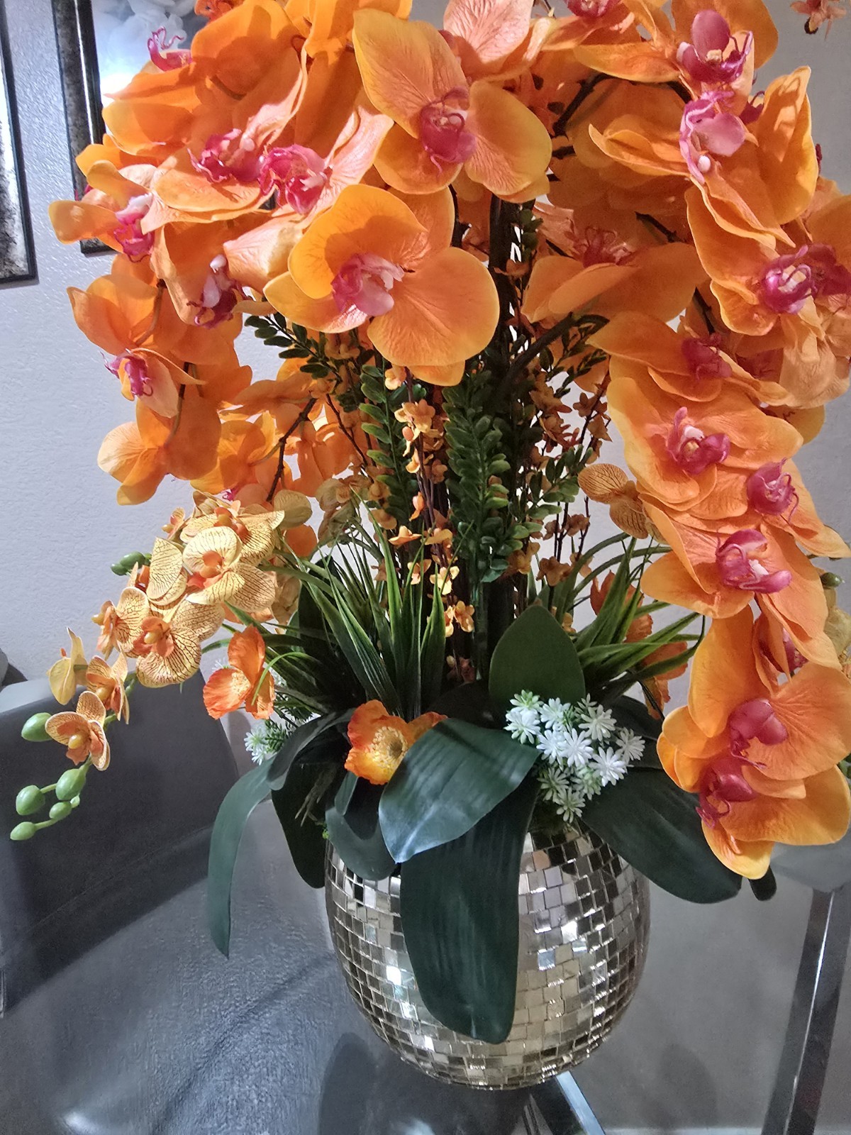 Artificial Orange Orchid Flower Arrangement in Gold Vase Houseplant Plastic Silk
