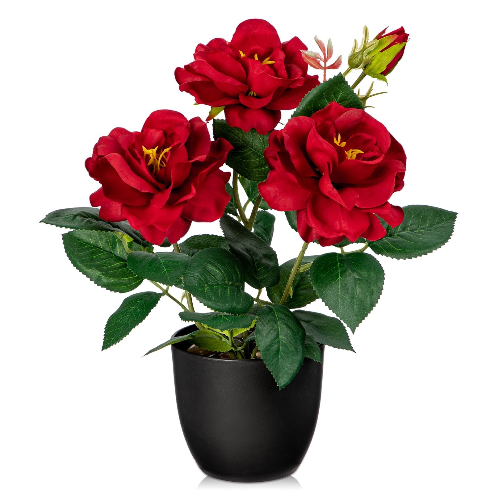 Artificial Plant Flower Red Rose Small Potted Faux Silk Black Pot 11 Inch Deco
