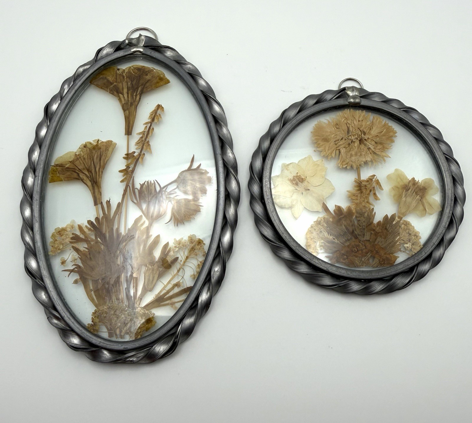 Vintage suncatcher | set of 2 pressed flower arrangements in pewter frames