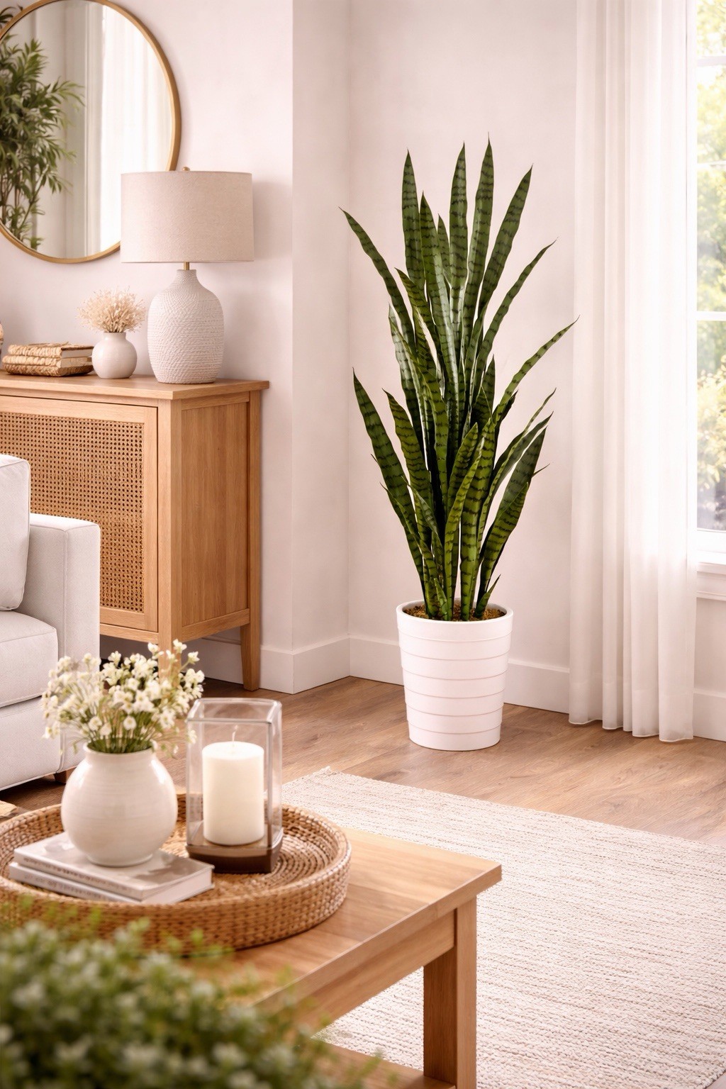 5’ UV Resistant Artificial Sansevieria Plant in White Planter (Indoor/Outdoor)