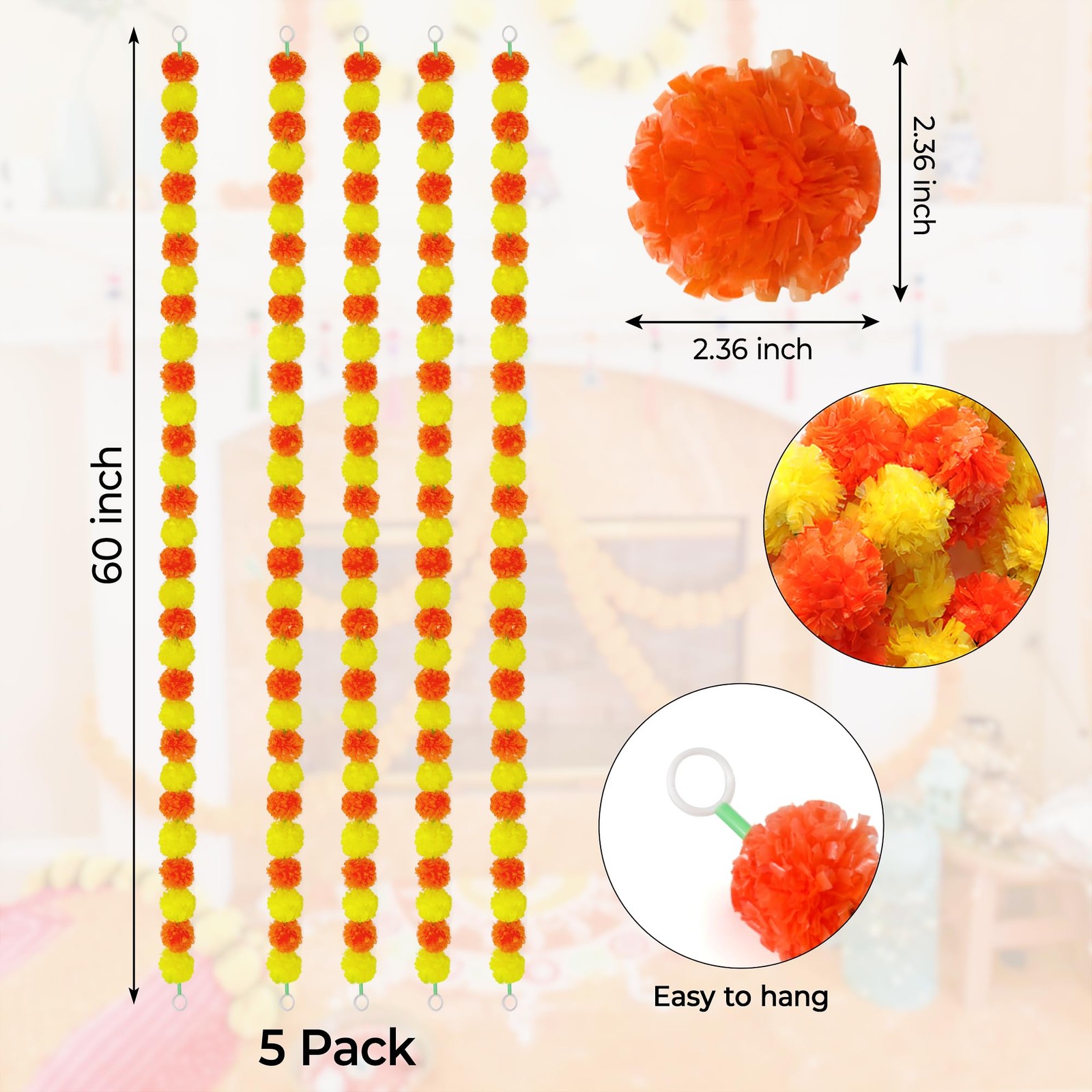 5Pcs Marigold Garland for Decoration,5 Feet Marigold Flowers Diwali Decor