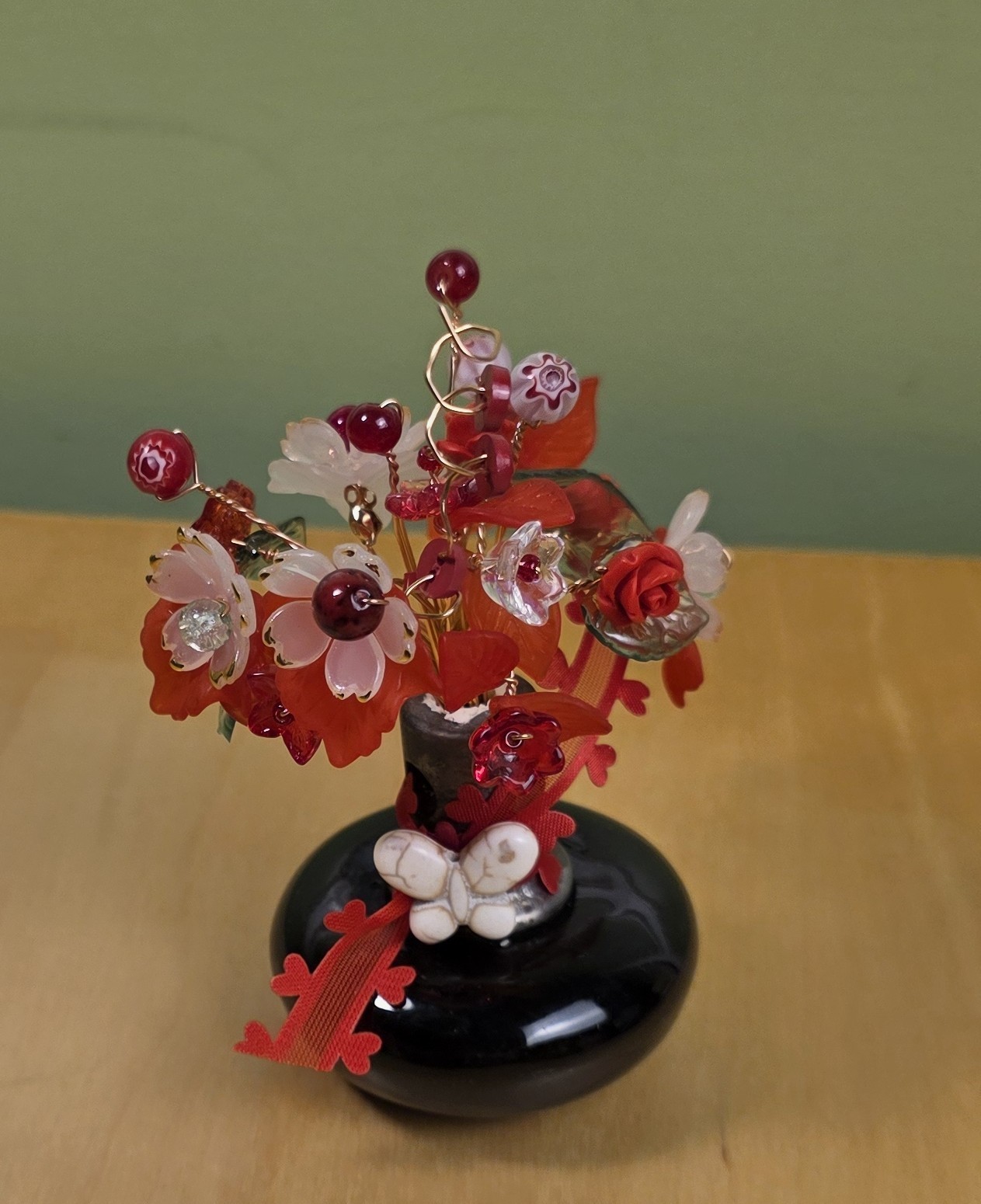 Forever Beaded Flower Bouquet – Glass & Acrylic in Doorknob Vase – OOAK – Red