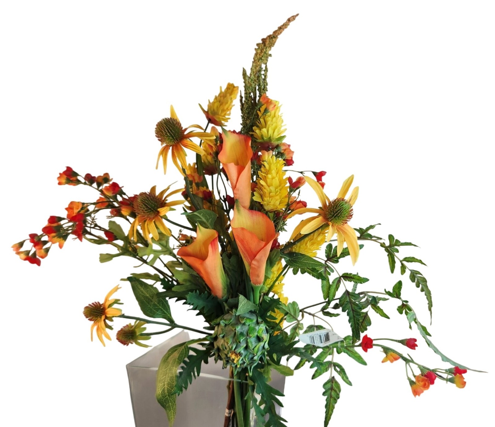 Artificial Flower Bouquet With Orange Calla Lilies, Yellow Cone Flowers Wild Mi
