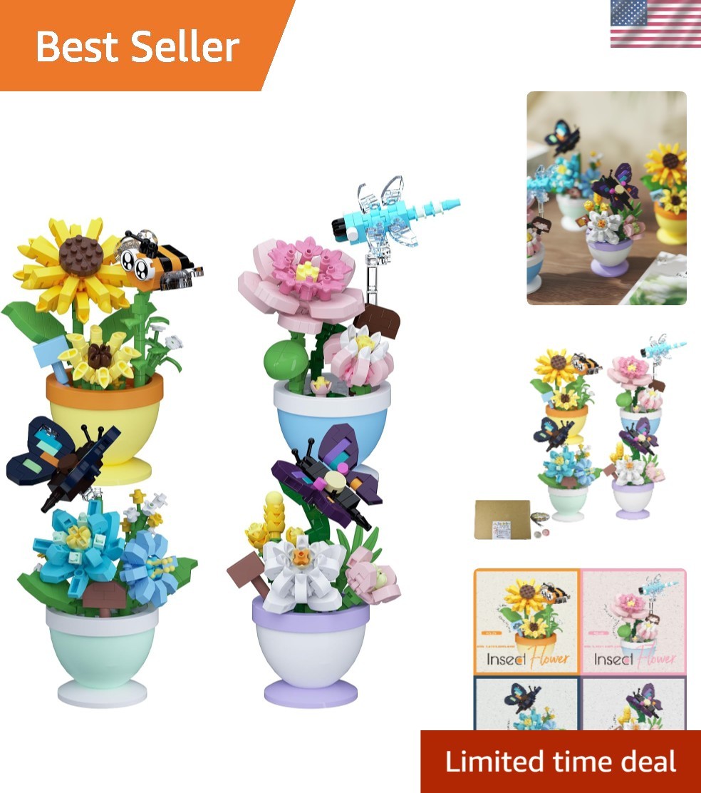 4 Set Mini Flower Bonsai Building Toy Set | Cute insects potted plant micro b…