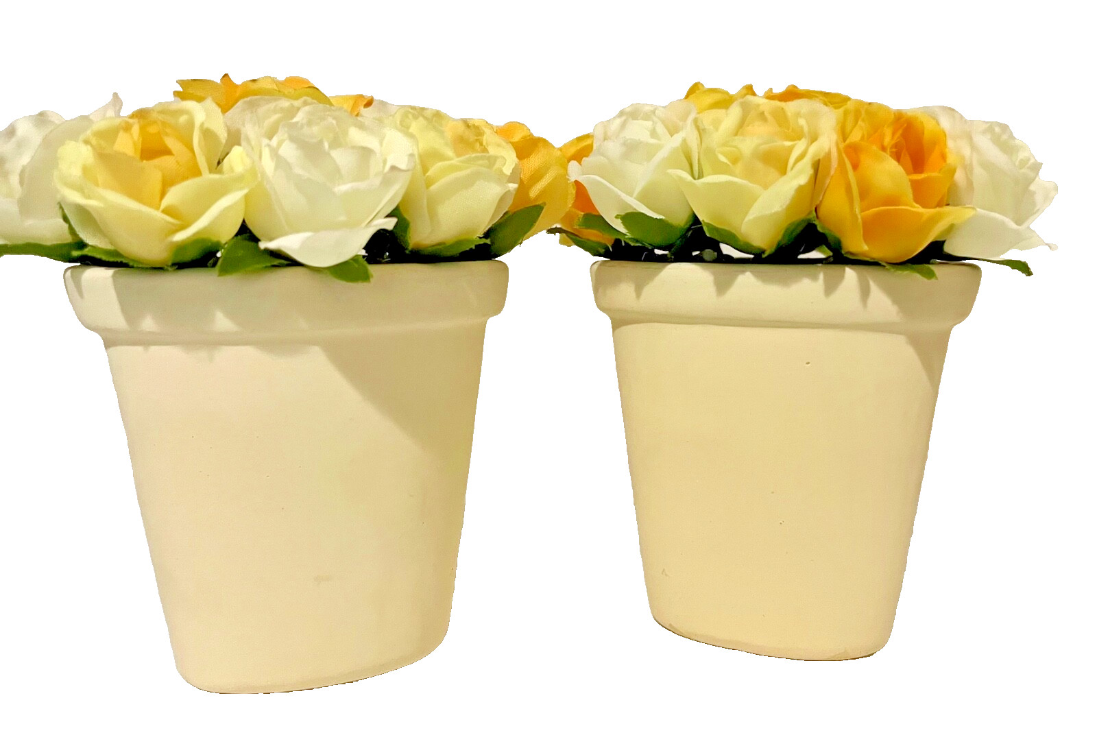 Set of 2 Silk Yellow Faux Rose Miniature Clay Pots Home Accessory Decor Gifts