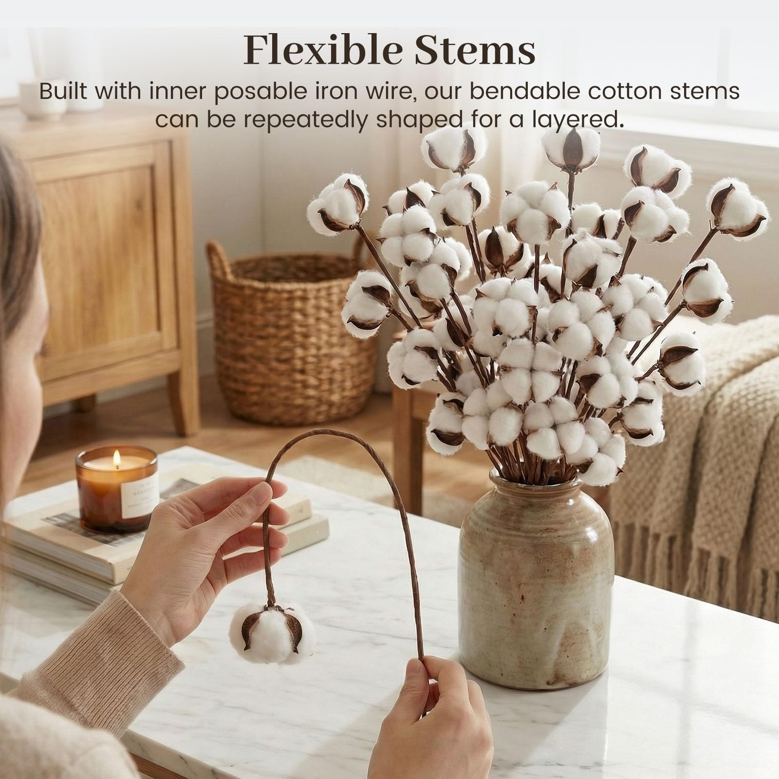 30PCS Natural Dried Cotton Stems 16″ Tall, Rustic Cotton Sprigs for Vase Fill…