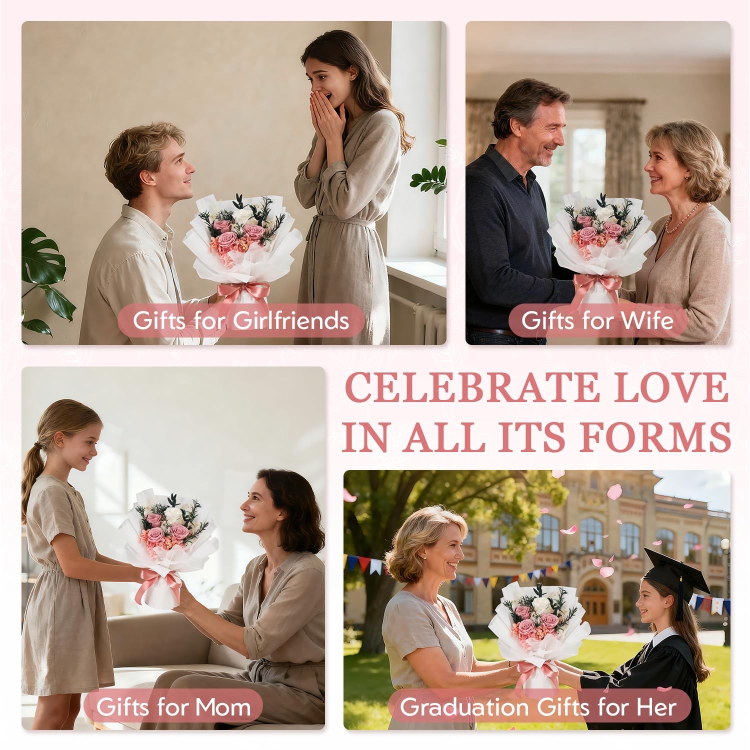 Preserved Flowers Bouquet Pink Rose Gift For Her Mom Grandma Anniversary