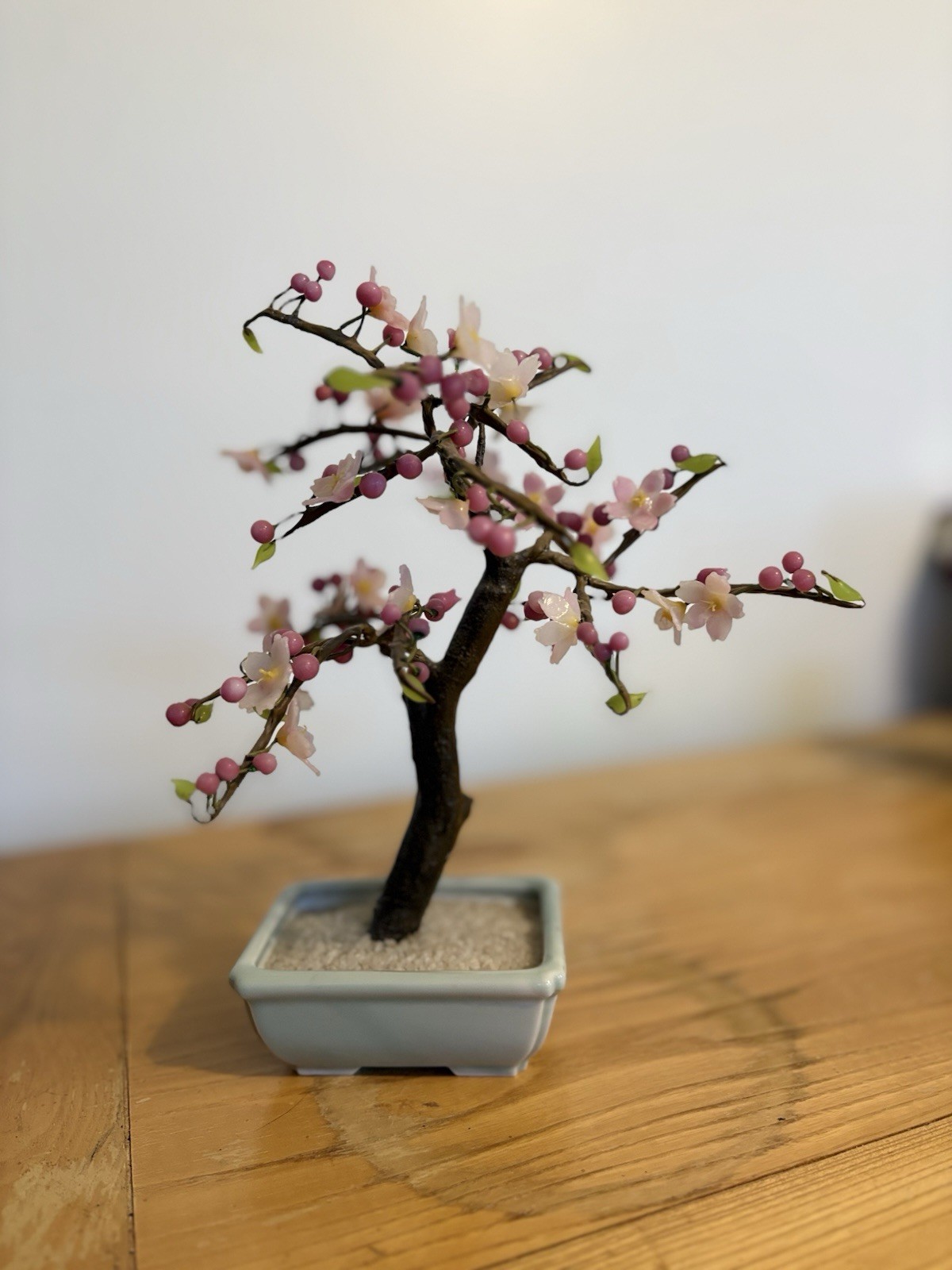 Vintage Cherry Blossom Bonsai Tree w/ Pink Blossoms & Berries Gray Planter