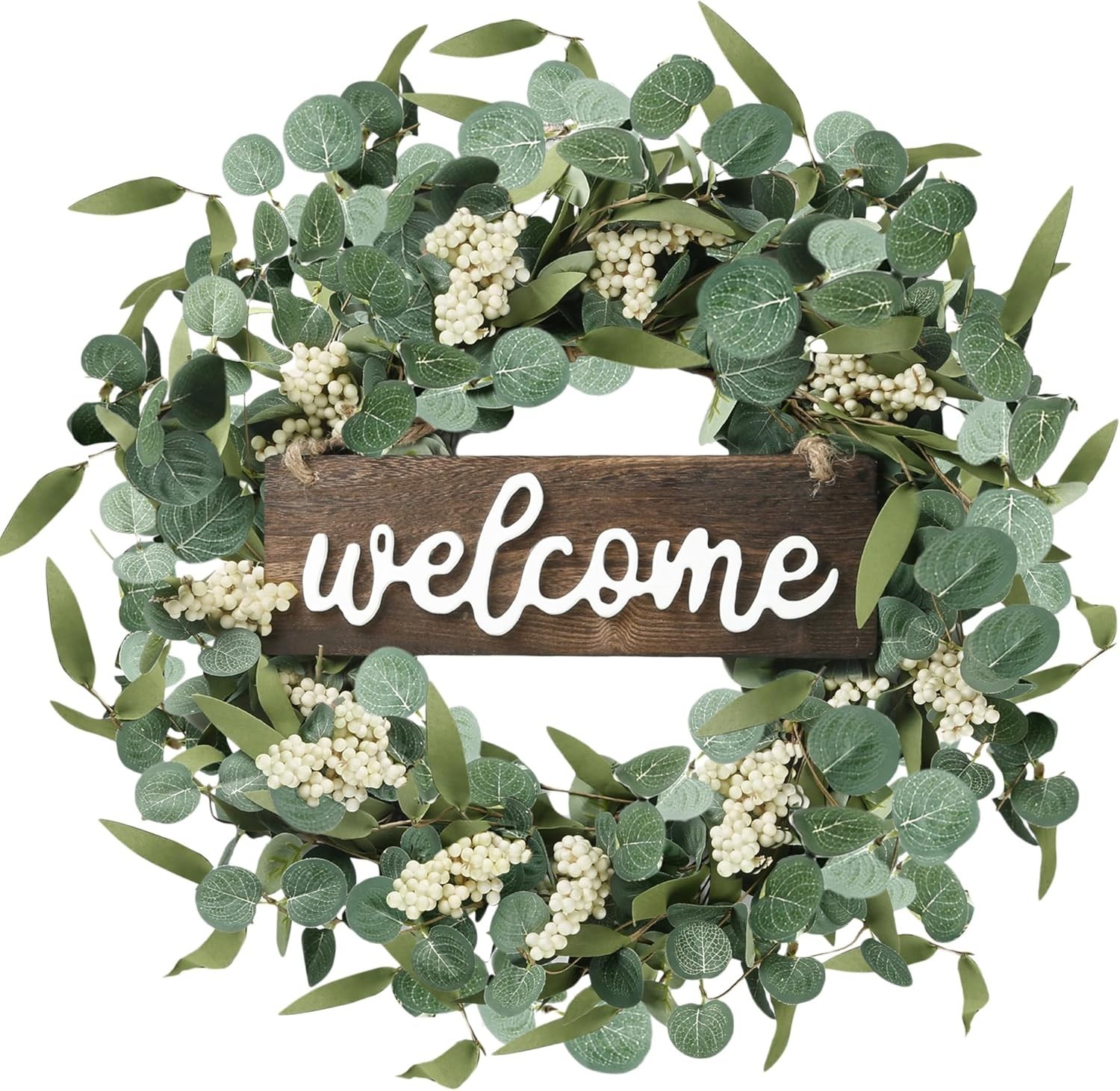 Artificial Green Eucalyptus Wreath with 3D Wood Alphabet – 20in All-Season Decor