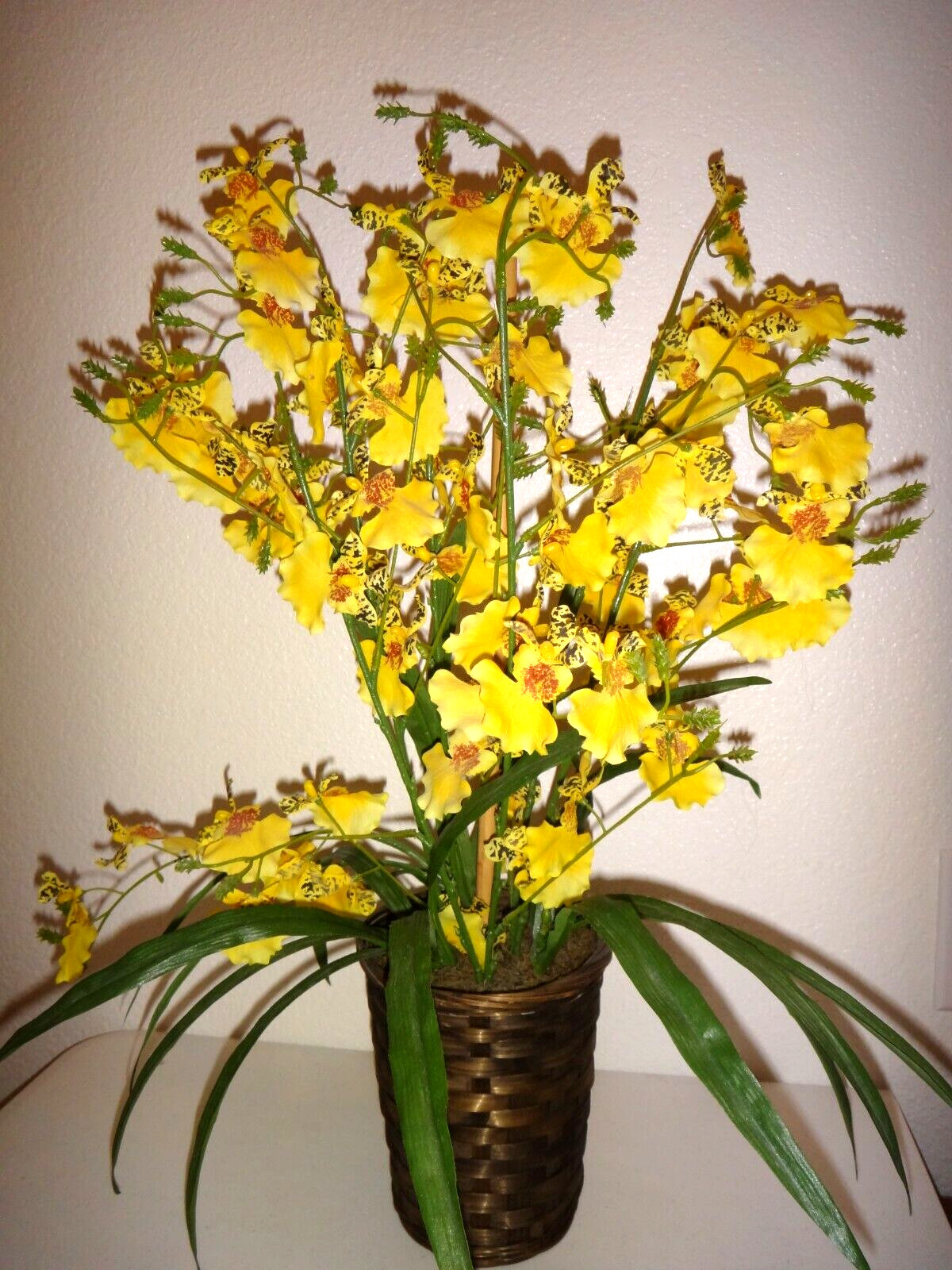 Decorative Artificial Yellow Flowers in Wood Basket Floral Décor Height 22″